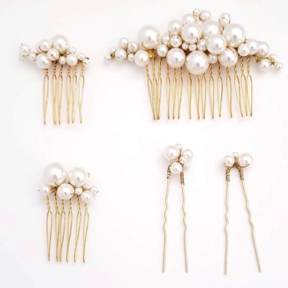 [SOLD] Twigs & Honey Pearl Bubbles Hair Combs and Pins, Set of 5 - Picture 3 of 7